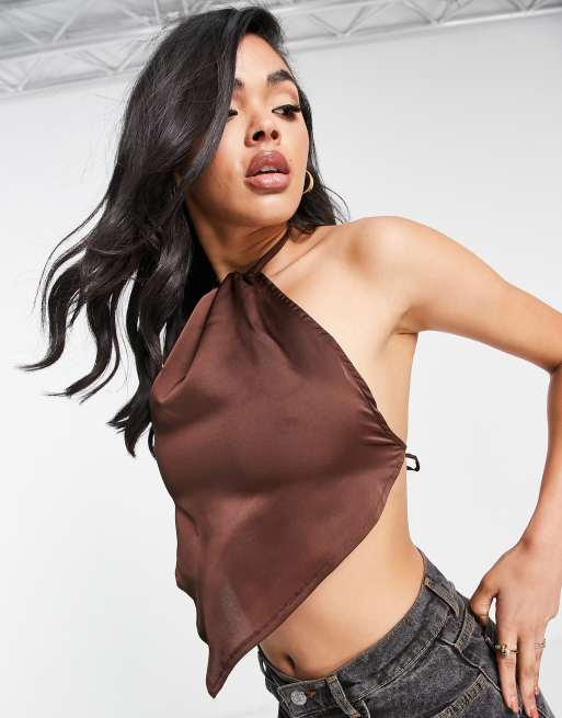 Parisian satin halterneck top in chocolate brown (part of a set)