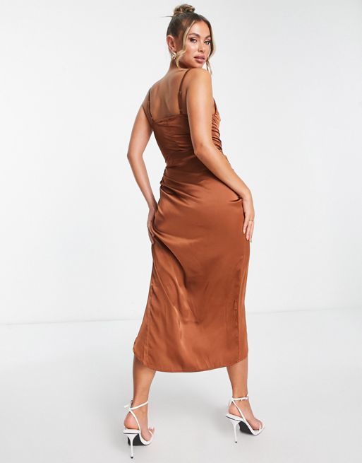 Missguided strappy cowl midi satin dress in rust, ASOS