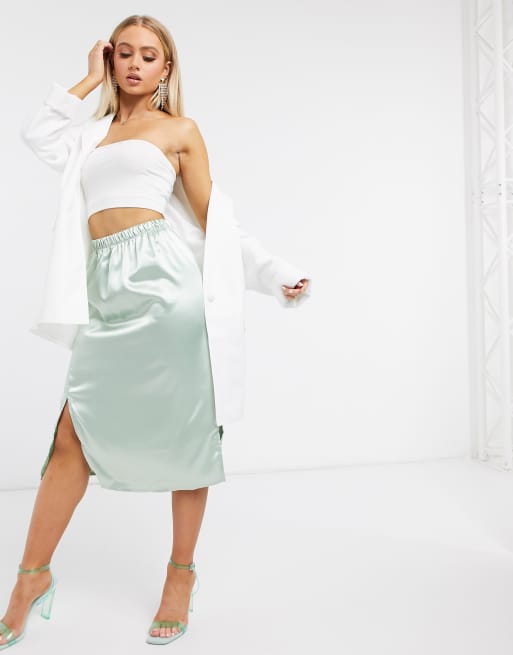 Boohoo exclusive satin outlet midi skirt in sage