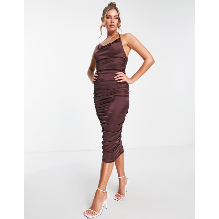 Brown ruched store midi dress