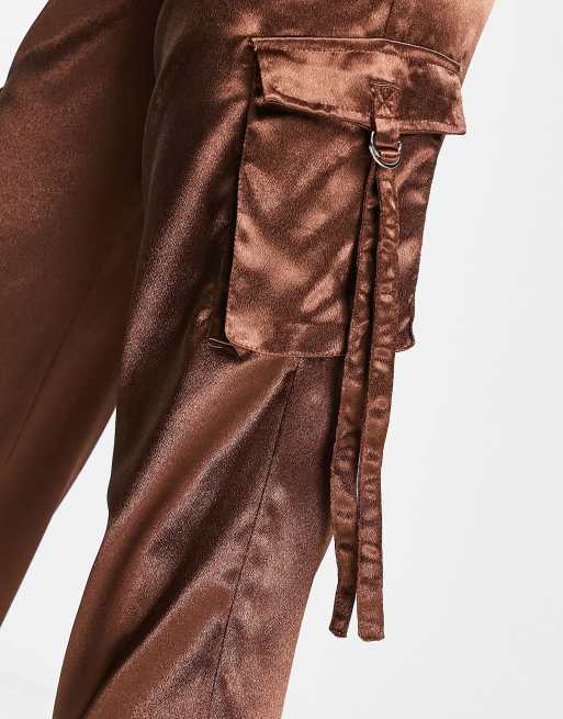 Parisian satin utility trousers in brown, 2 of 4
