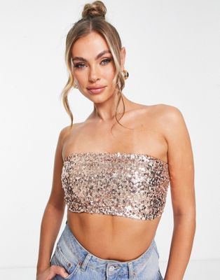 Parisian sequin bandeau crop top co-ord in gold
