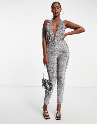 Parisian sequin halter neck jumpsuit in silver