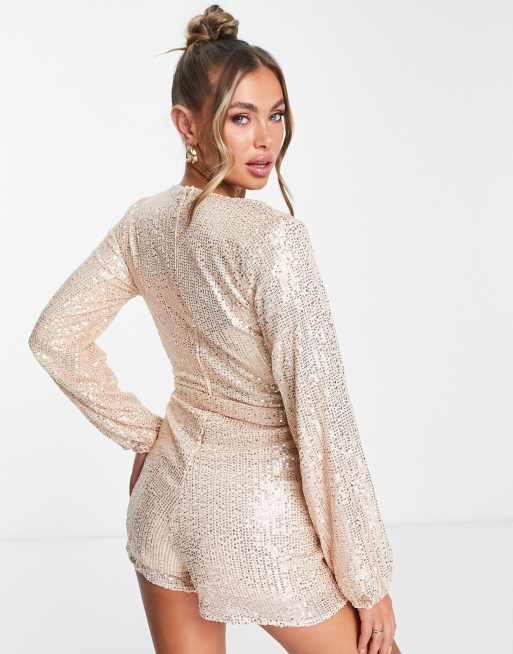 Parisian sequin tie waist playsuit in champagne