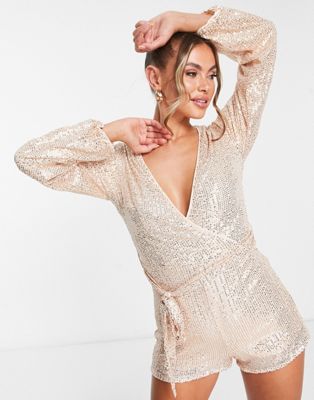 Parisian sequin tie wasit playsuit in champagne