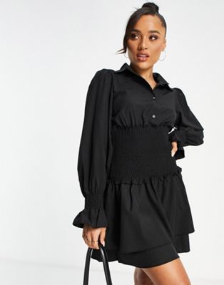 Parisian shirred detail flute sleeve mini dress in black