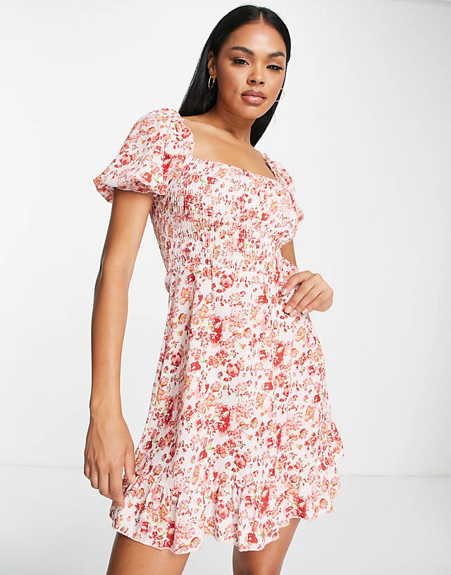 Parisian - shirred front a line mini dress in floral print