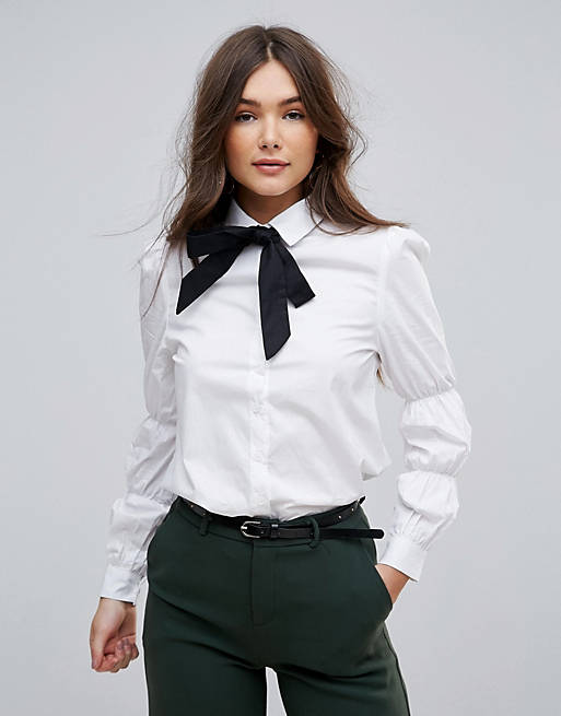 Parisian Shirt With Ruched Sleeve And Contrast Tie Neck