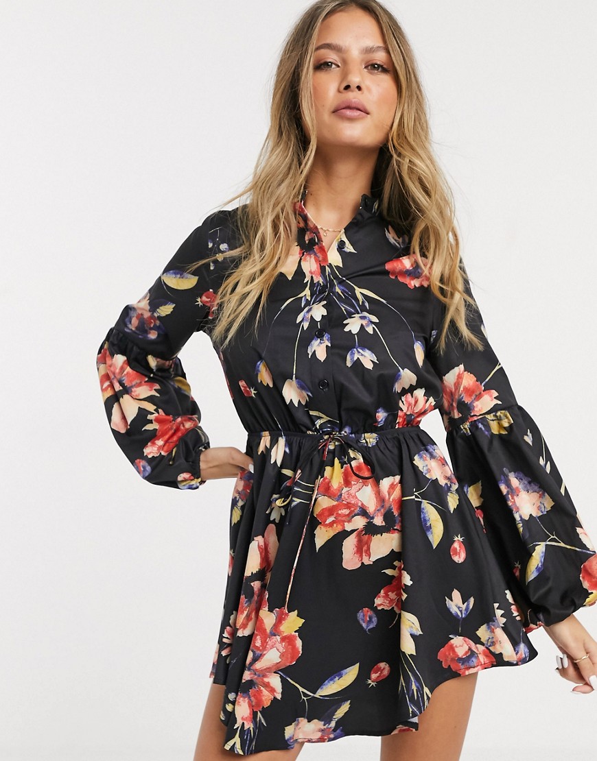 Parisian short dress with puff sleeves in watercolour floral print-Navy