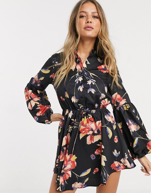 Parisian short dress with puff sleeves in watercolour floral print