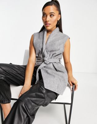 Parisian sleeveless belted gilet in grey