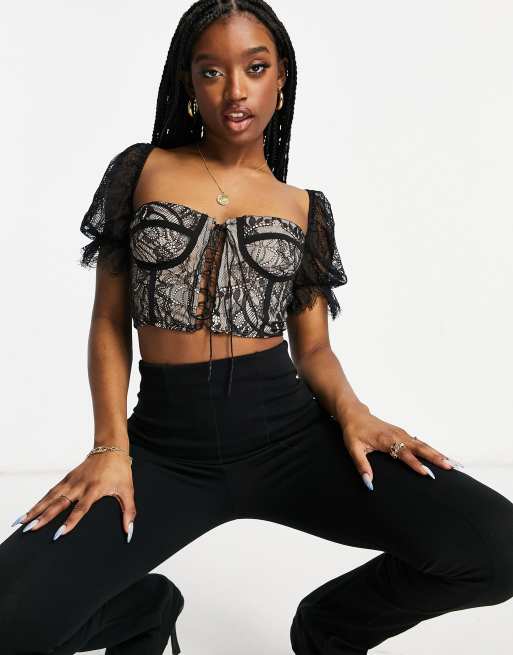 Parisian - Sort croptop med blondedetalje
