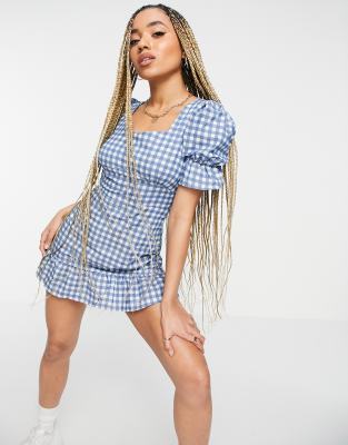 Parisian Parisian square neck gingham mini dress in blue