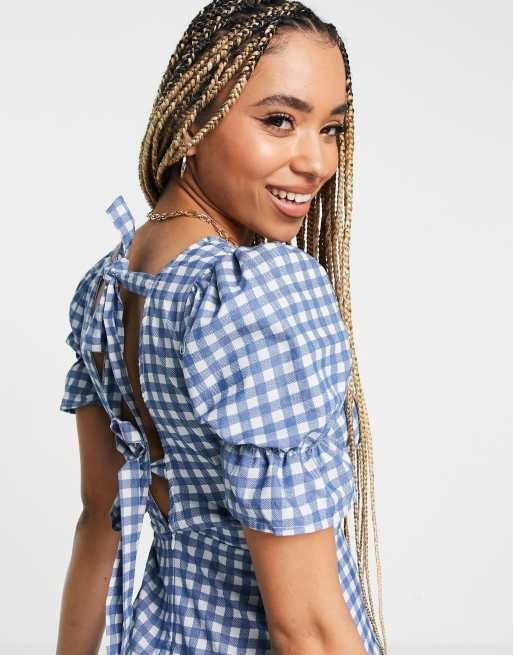 Parisian square neck gingham mini dress in blue, 3 of 4
