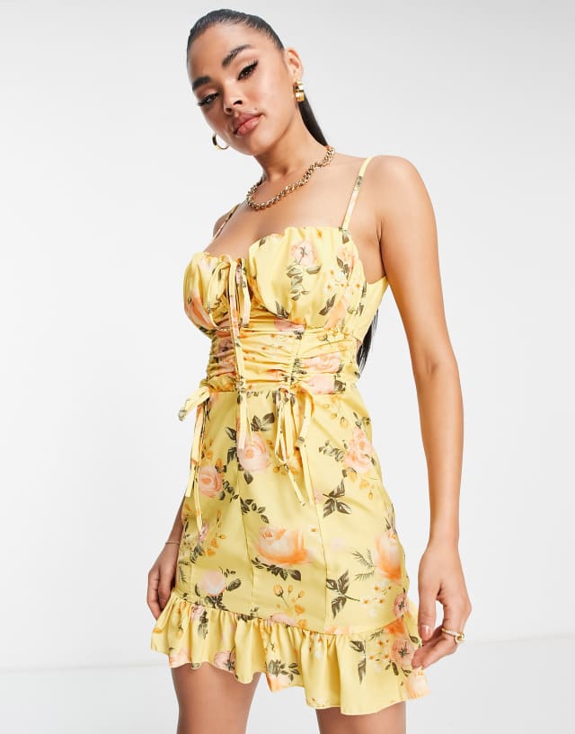 Parisian strappy back mini dress in yellow floral print