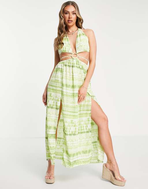 Parisian – Sukienka midi w zielony abstrakcyjny wzór z dekoltem typu halter