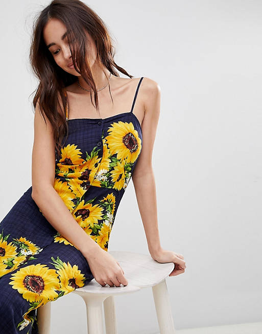 Parisian Sunflower Print Midi Dress With Button Front