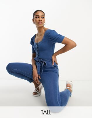 Parisian Tall belted denim jumpsuit in mid wash blue