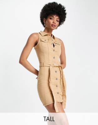 Parisian Tall belted denim utility dress in camel-Neutral