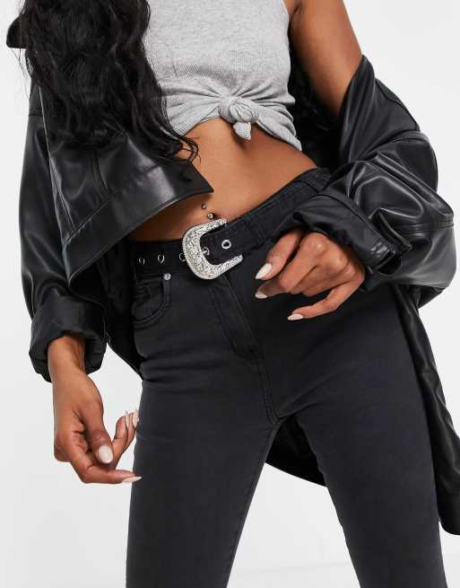 Parisian Tall belted skinny jeans in charcoal, 2 of 4