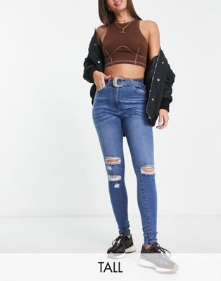 Parisian Tall Belted Skinny Jeans In Mid Blue