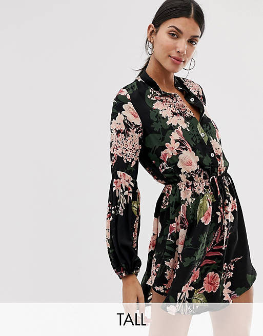 Parisian Tall collarless shirt dress in floral print