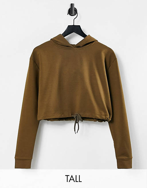 Parisian Tall cropped tie front hoodie co-ord in deep taupe