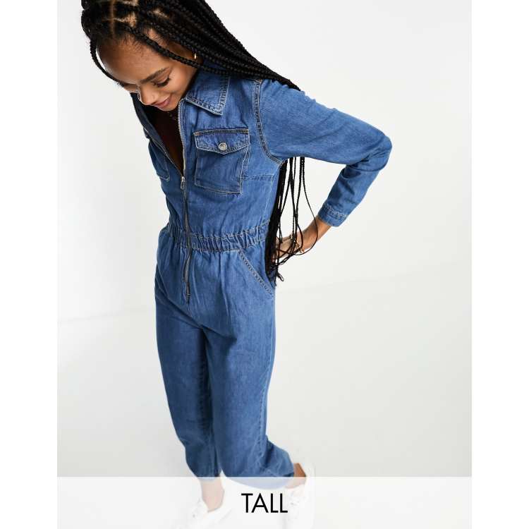 ASOS DESIGN Maternity denim boiler suit in mid wash