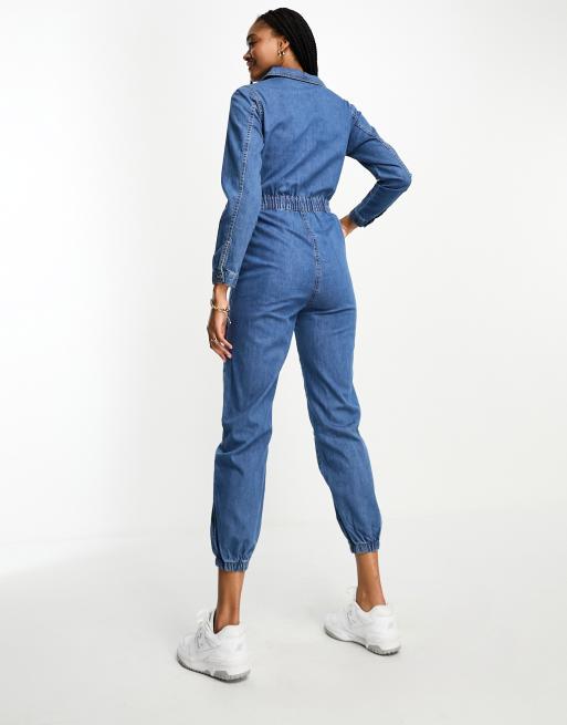 Only long sleeve jumpsuit in light blue denim