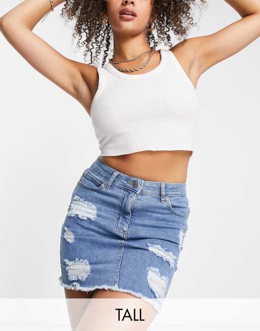 Parisian Tall - Denim rok met distressed details in middenblauw