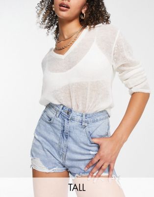 Parisian Tall High Waisted Denim Mom Shorts With Rips In Light Blue