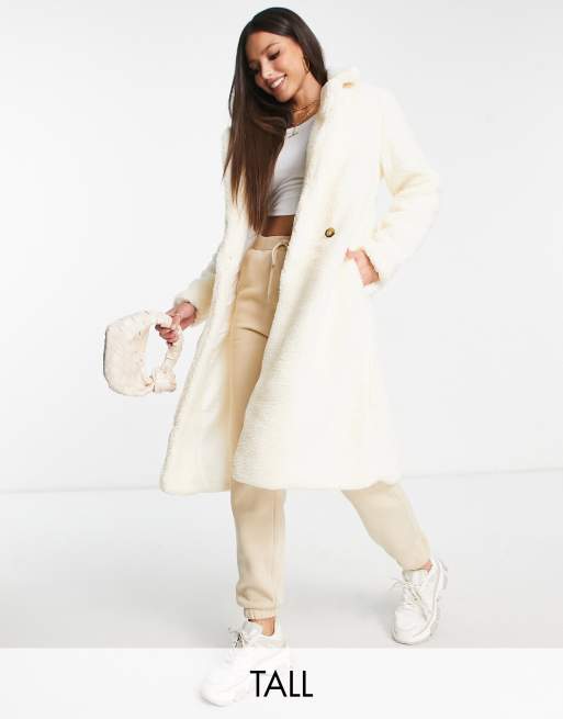 Parisian Tall - Dobbeltradet og oversized frakke i offwhite imiteret lammeskind