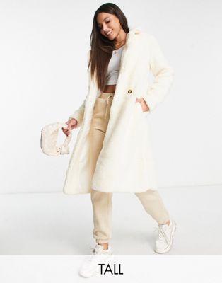 Parisian Tall double breasted oversized borg coat in off white