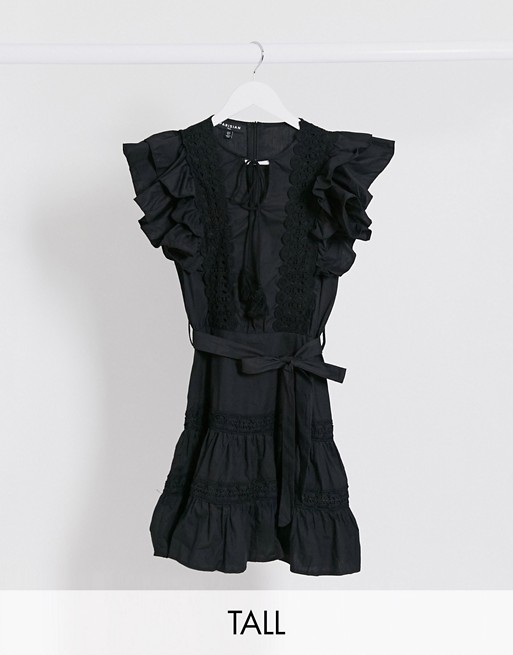 Parisian Tall frill sleeve lace trim mini dress in black