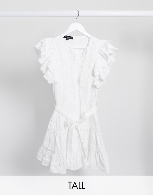 Parisian Tall frill sleeve lace trim mini dress in white