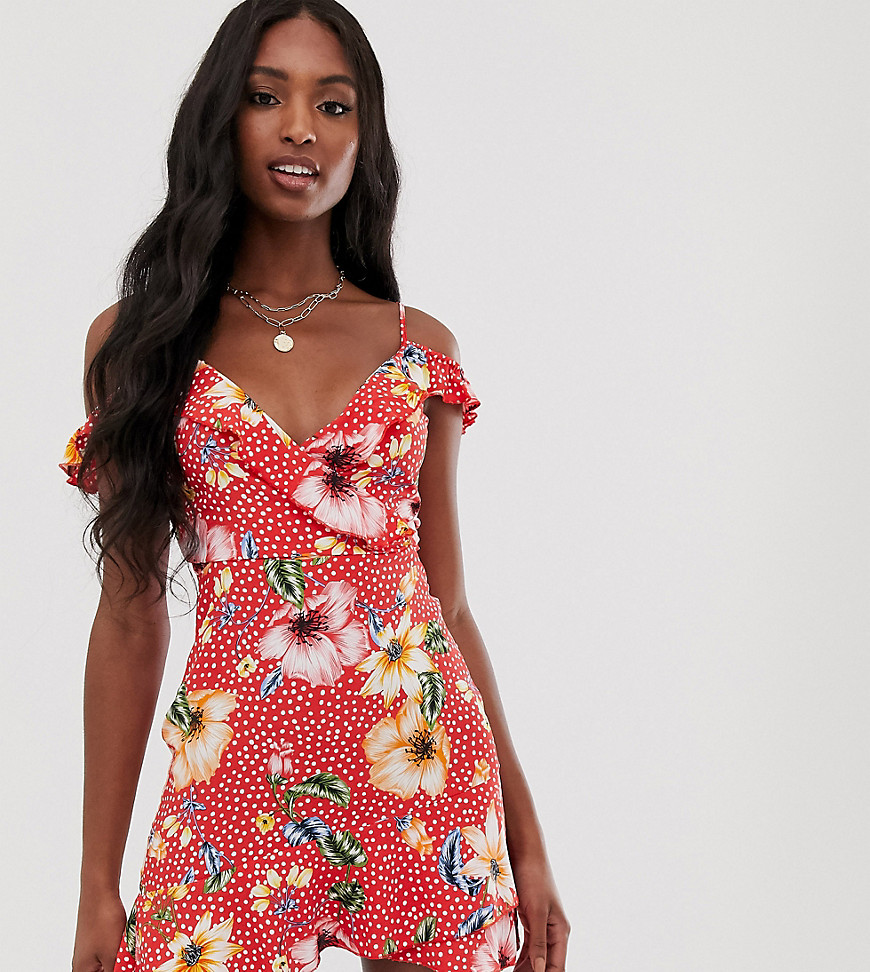 Parisian Tall - Gestipte mini-jurk met overslag en tropische print-Rood