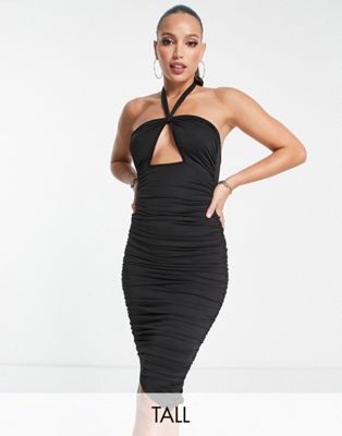 Parisian Tall halter neck cut out front midi dress in black