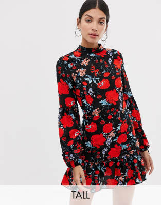 red floral high neck dress