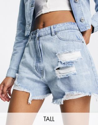 PARISIAN TALL HIGH WAISTED DENIM MOM SHORTS WITH RIPS IN LIGHT BLUE