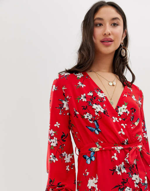 Parisian Tall – Kurzer, langärmlilger Jumpsuit in Rot geblümt, 3 von 4