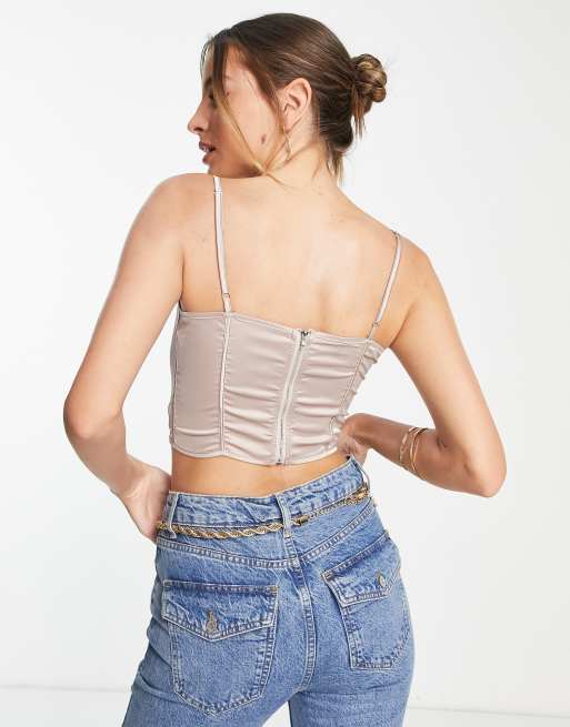 Parisian Tall – Kurzes Bustier-Oberteil aus mokka-braunem Satin mit Spitzenbesatz, 3 von 4