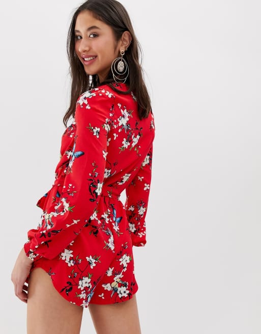 Parisian Tall long sleeve tie waist playsuit in red floral print, 2 of 4