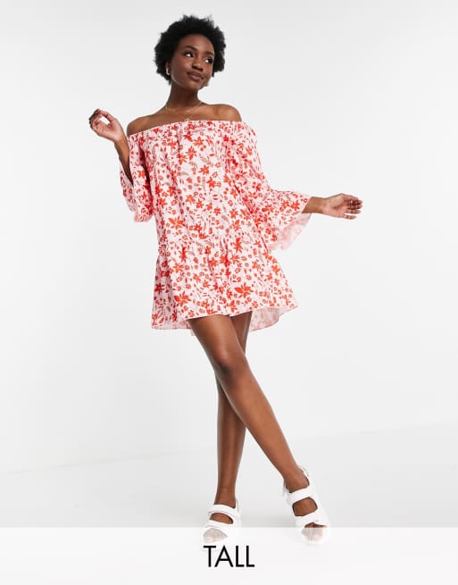 Parisian Tall - Mini jurk met blote schouders en schaduw bloemenprint in roze