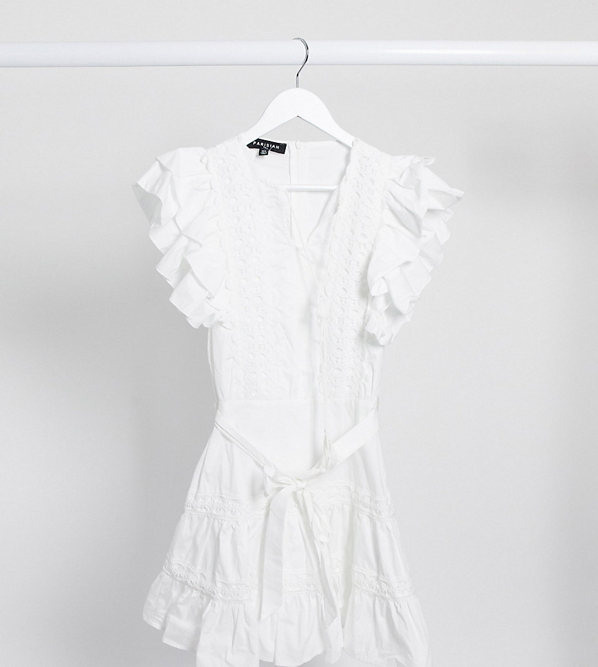 Parisian Tall - Mini-jurk met ruche-mouwen en kanten afwerking in wit