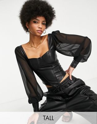 Parisian Tall PU Corset with sheer sleeves in black