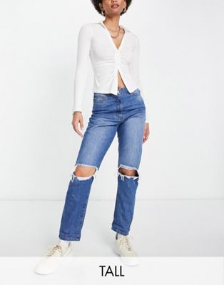 Parisian Tall ripped mom jeans in mid blue
