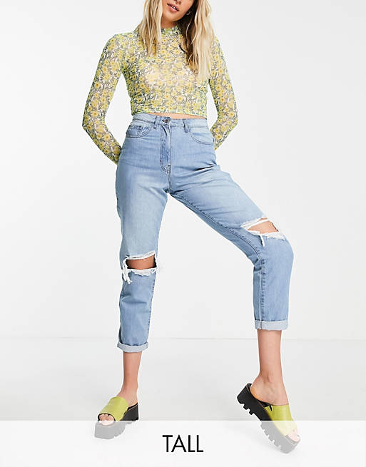 Parisian Tall ripped mom jeans in mid blue