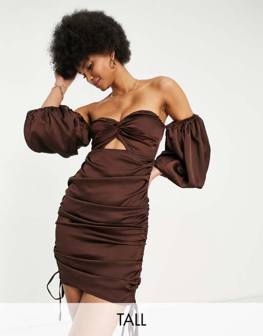 Parisian Tall - Robe à découpes sur le devant et à manches bouffantes - Marron chocolat