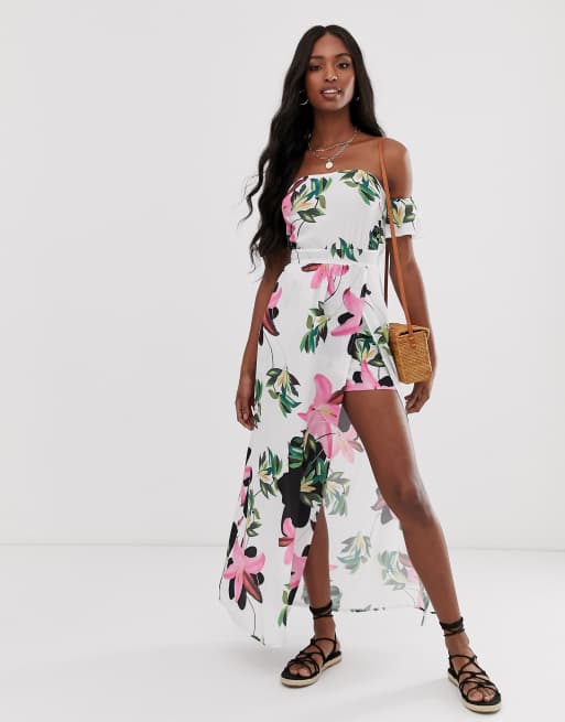 Parisian Tall - Robe longue épaules dénudées à fleurs - Blanc, 4 de 4