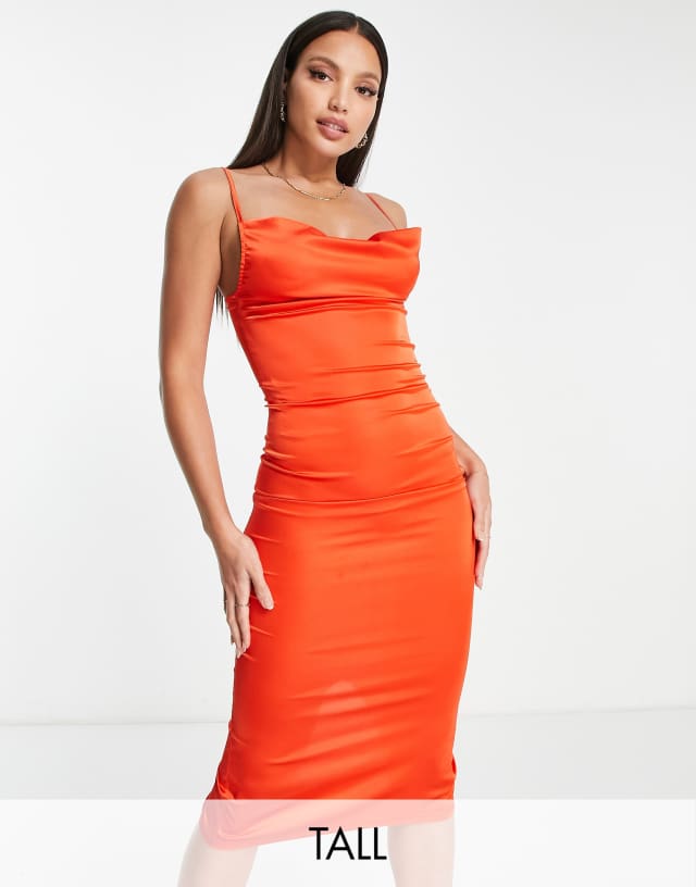 Parisian Tall satin cami strap mini dress with cowl neck in bright orange